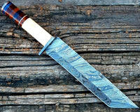 |NB KNIVES| CUSTOM HANDMADE DAMASCUS STEEL TANTO BLADE KNIFE WITH LEATHER SHEATH