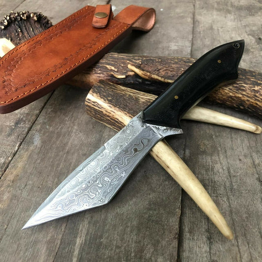 Custom Handmade Damascus Hunting Knife with Black Micarta Handle & Leather Sheath