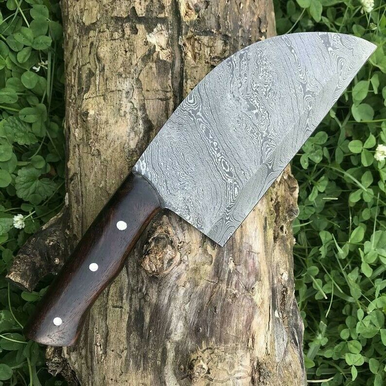 CUSTOM HANDMADE DAMASCUS CLEAVER KITCHEN KNIFE WITH LEATHER SHEATH
