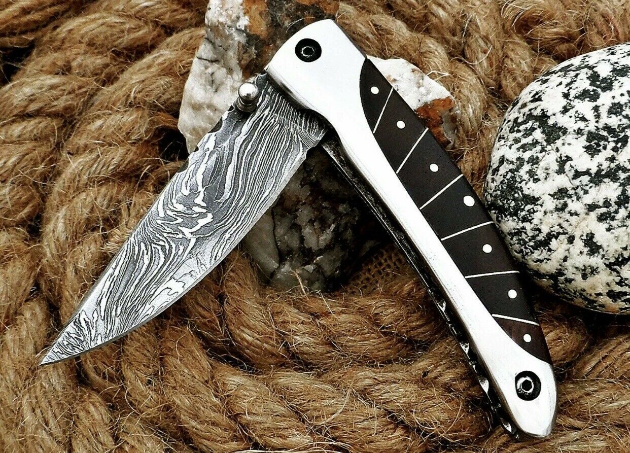CUSTOM HANDMADE DAMASCUS STEEL FOLDING KNIFE WITH LEATHER SHEATH