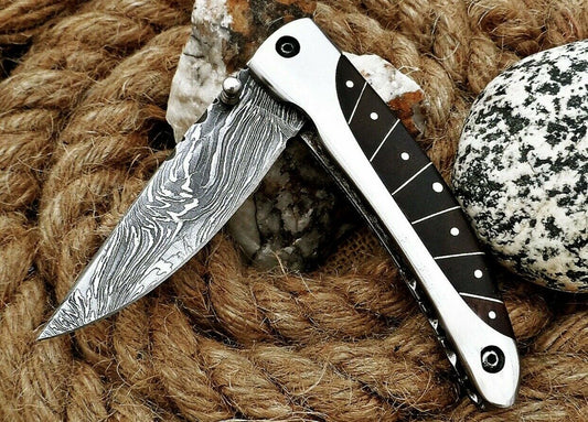 Black Horn & Stainless Steel Damascus Folding Knife with File Work
