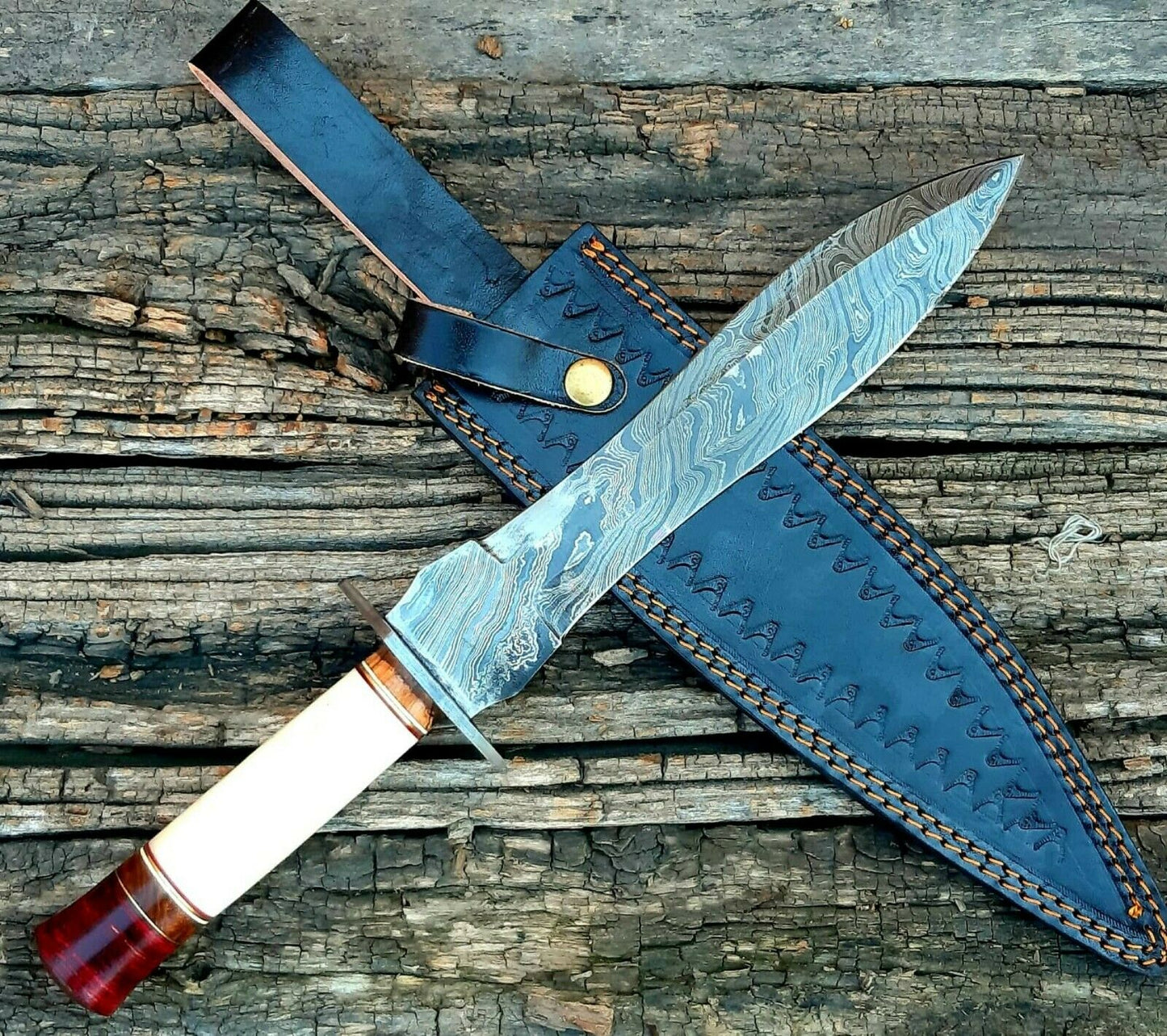 |NB KNIVES| CUSTOM HANDMADE DAMASCUS HUNTING KNIFE WITH LEATHER SHEATH