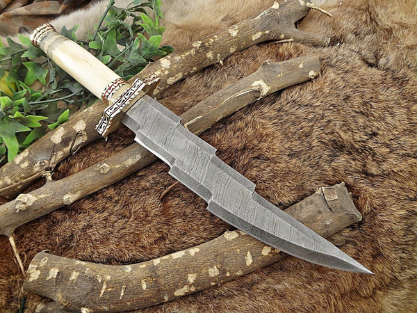 Damascus steel hunting knife, zig zag hand forged blade, Engraved brass scale - NB CUTLERY LTD