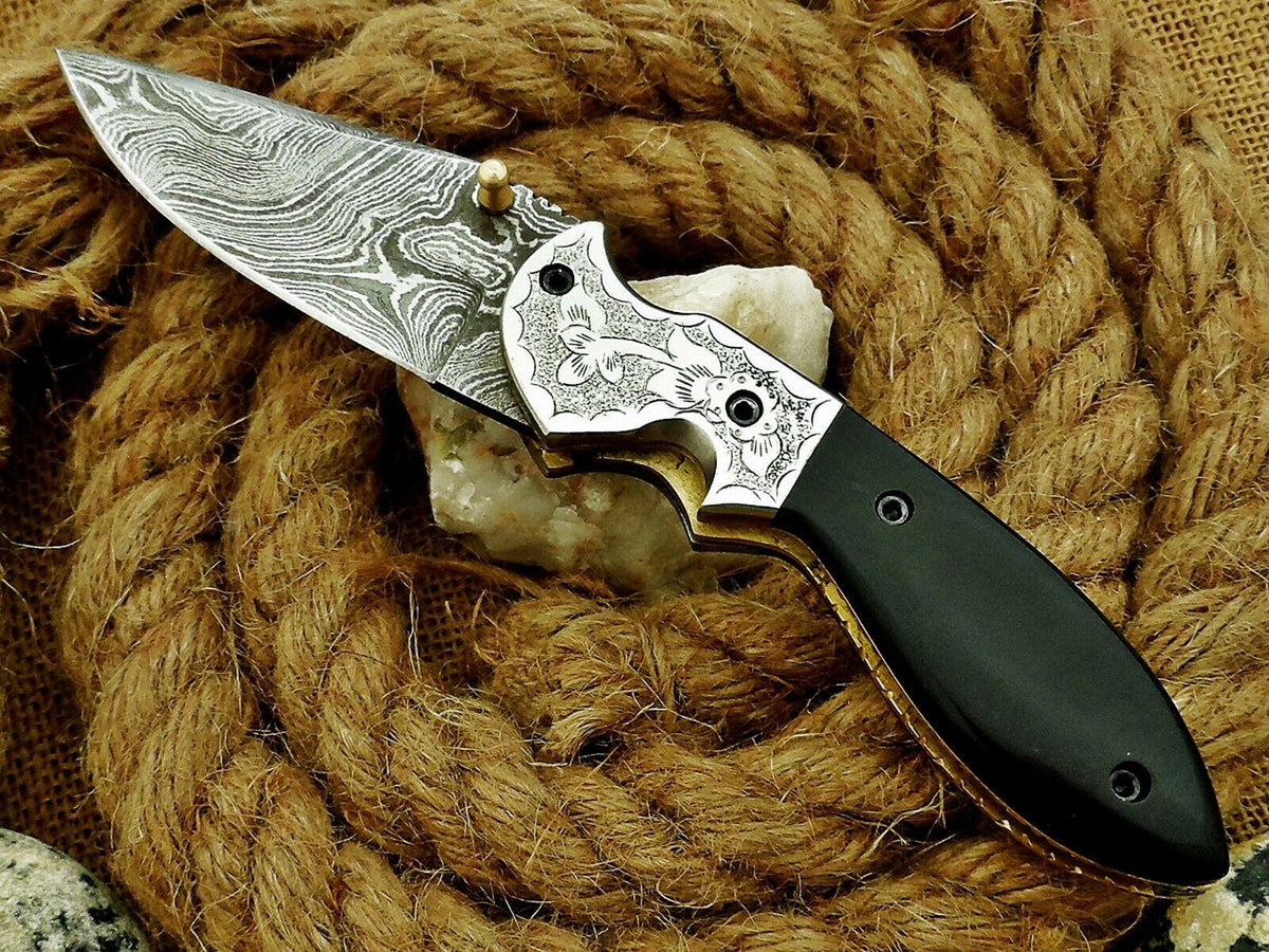 CUSTOM HANDMADE DAMASCUS FOLDING KNIFE WITH LEATHER SHEATH