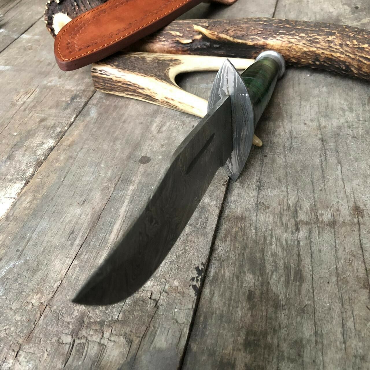|NB KNIVES| CUSTOM HANDMADE DAMASCUS HUNTING KNIFE WITH LEATHER SHEATH
