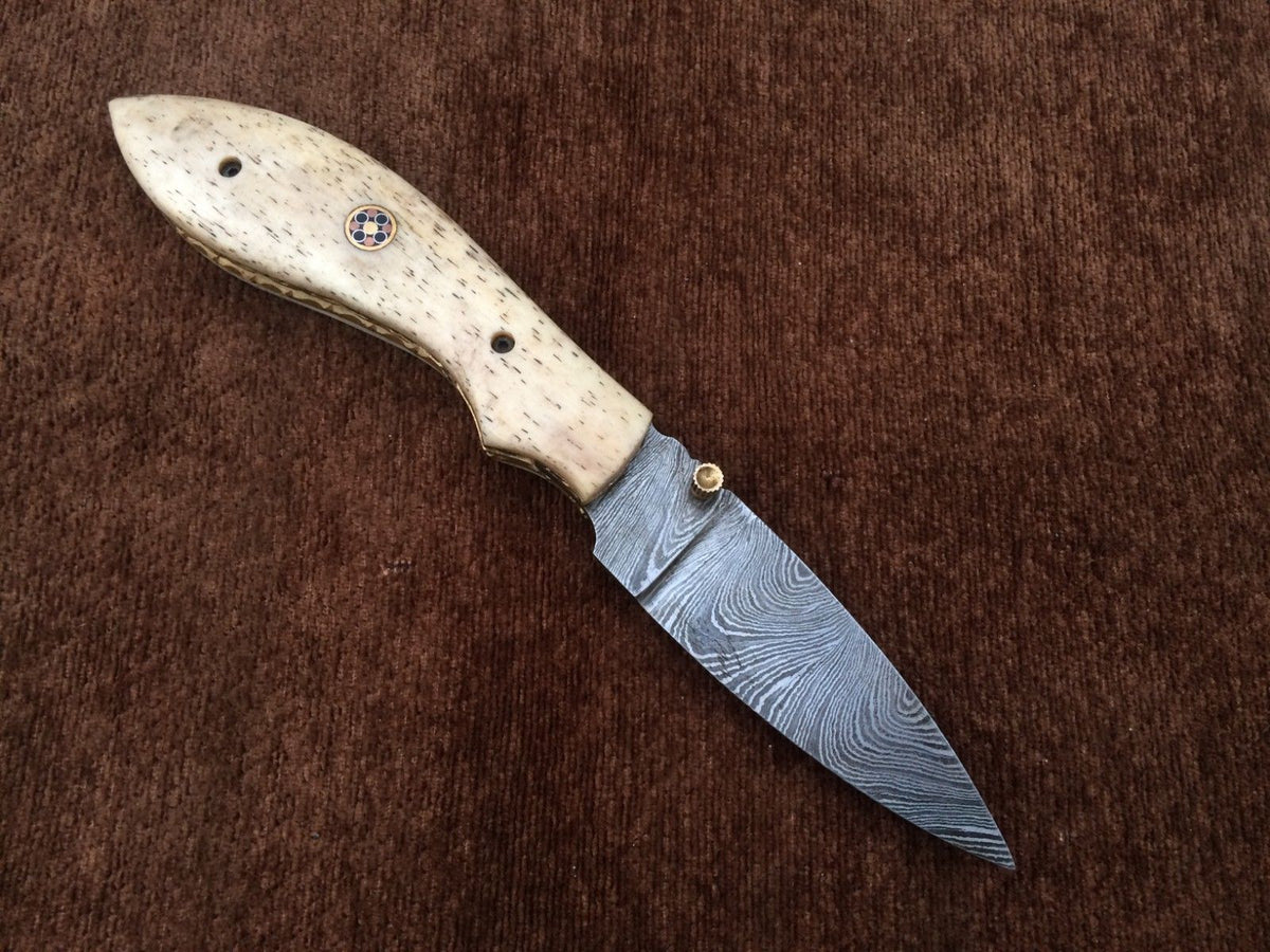 CUSTOM HANDMADE DAMASCUS POCKET KNIFE WITH LEATHER SHEATH