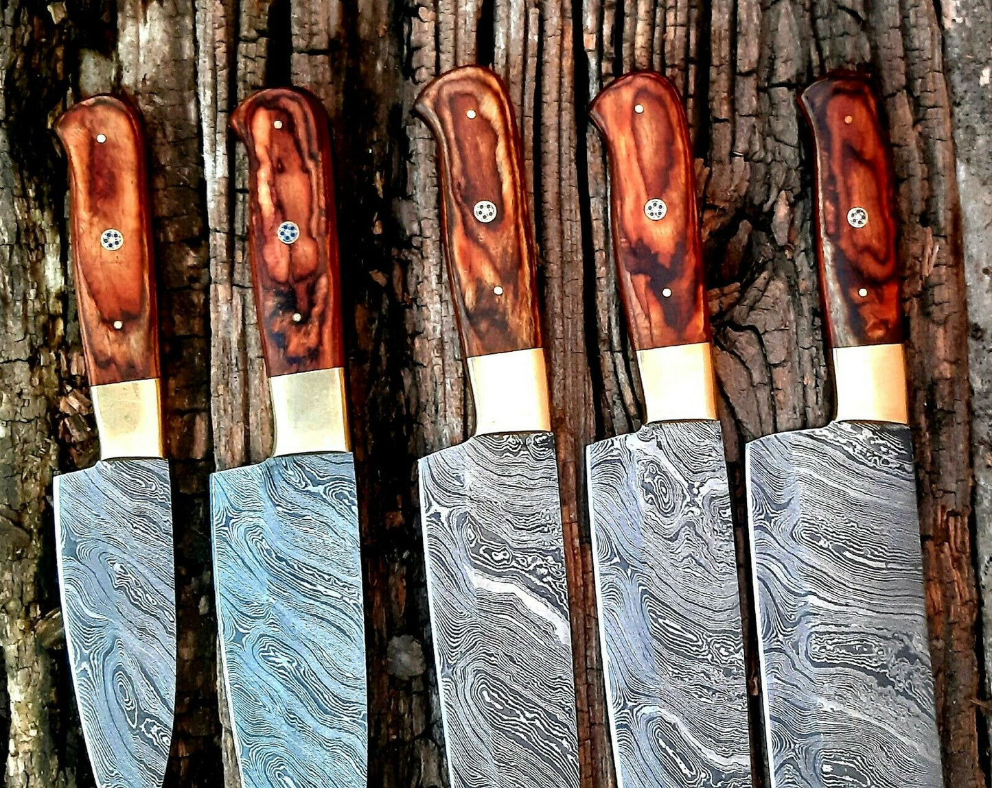 |NB KNIVES| CUSTOM HANDMADE DAMASCUS 5 PCS CHEF SET WITH LEATHER ROLL KIT