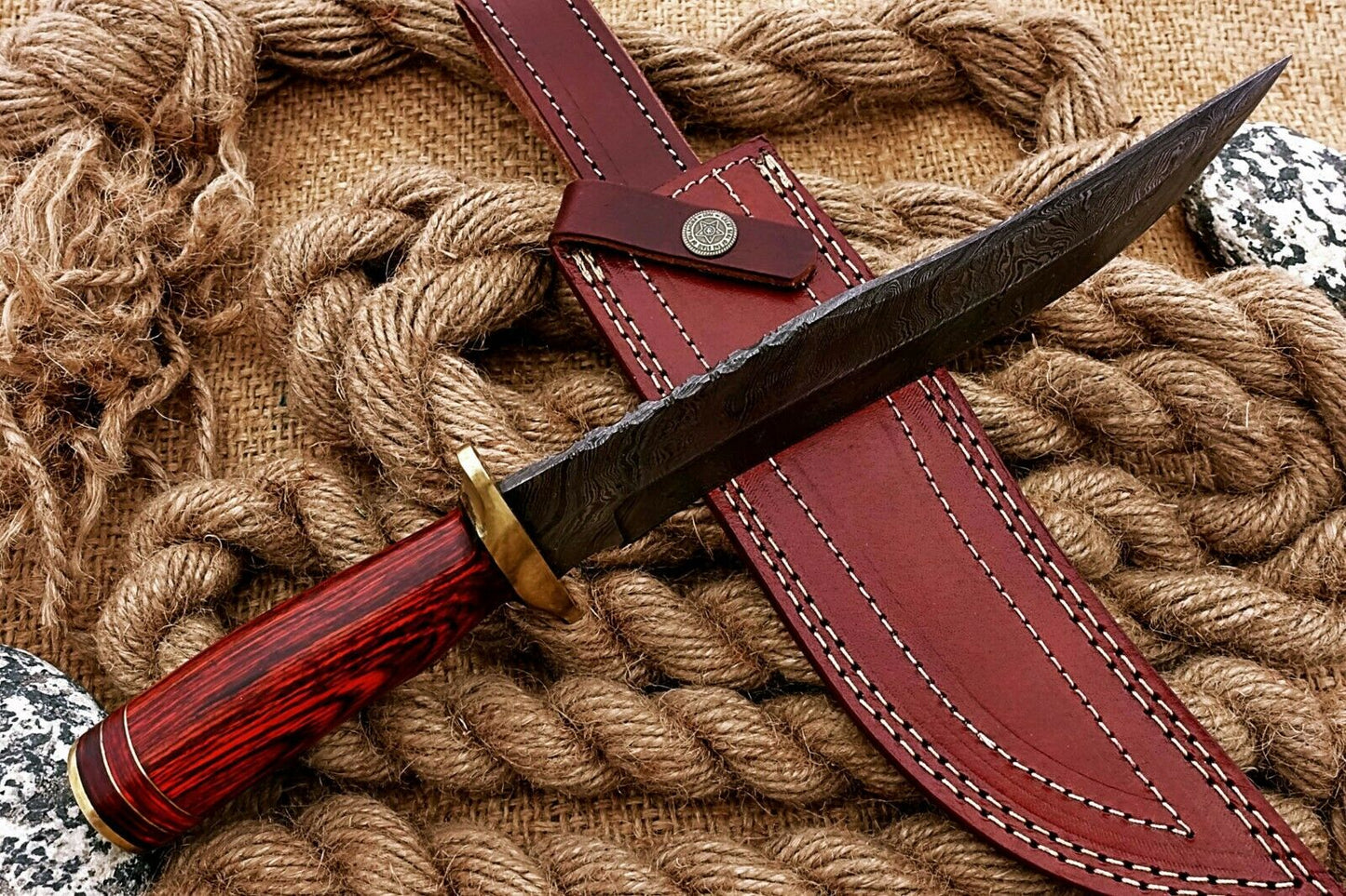 CUSTOM HANDMADE DAMASCUS HUNTING BOWIE KNIFE WITH LEATHER SHEATH
