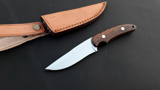 Handmade D2 Steel Skinner Knife with Rosewood Handle & Leather Sheath