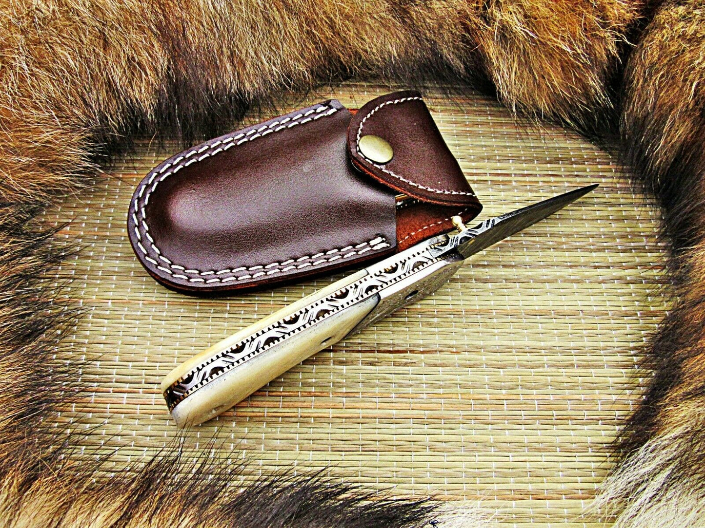 CUSTOM HANDMADE DAMASCUS FOLDING KNIFE WITH LEATHER SHEATH