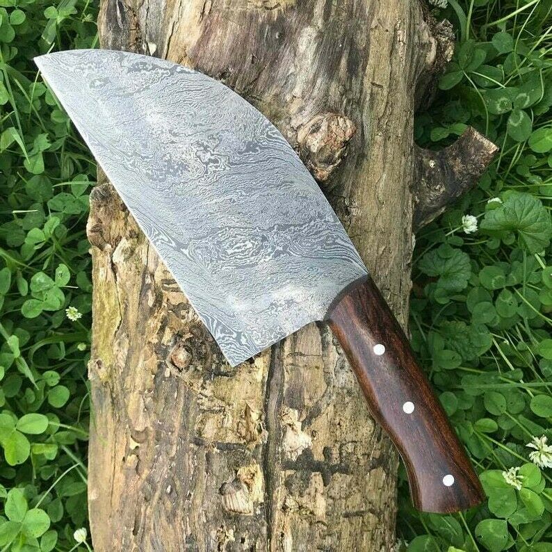 CUSTOM HANDMADE DAMASCUS CLEAVER KITCHEN KNIFE WITH LEATHER SHEATH