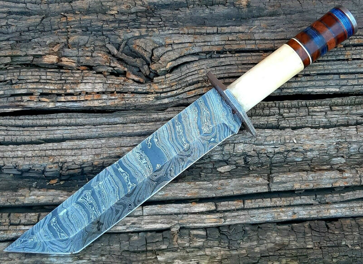 |NB KNIVES| CUSTOM HANDMADE DAMASCUS STEEL TANTO BLADE KNIFE WITH LEATHER SHEATH