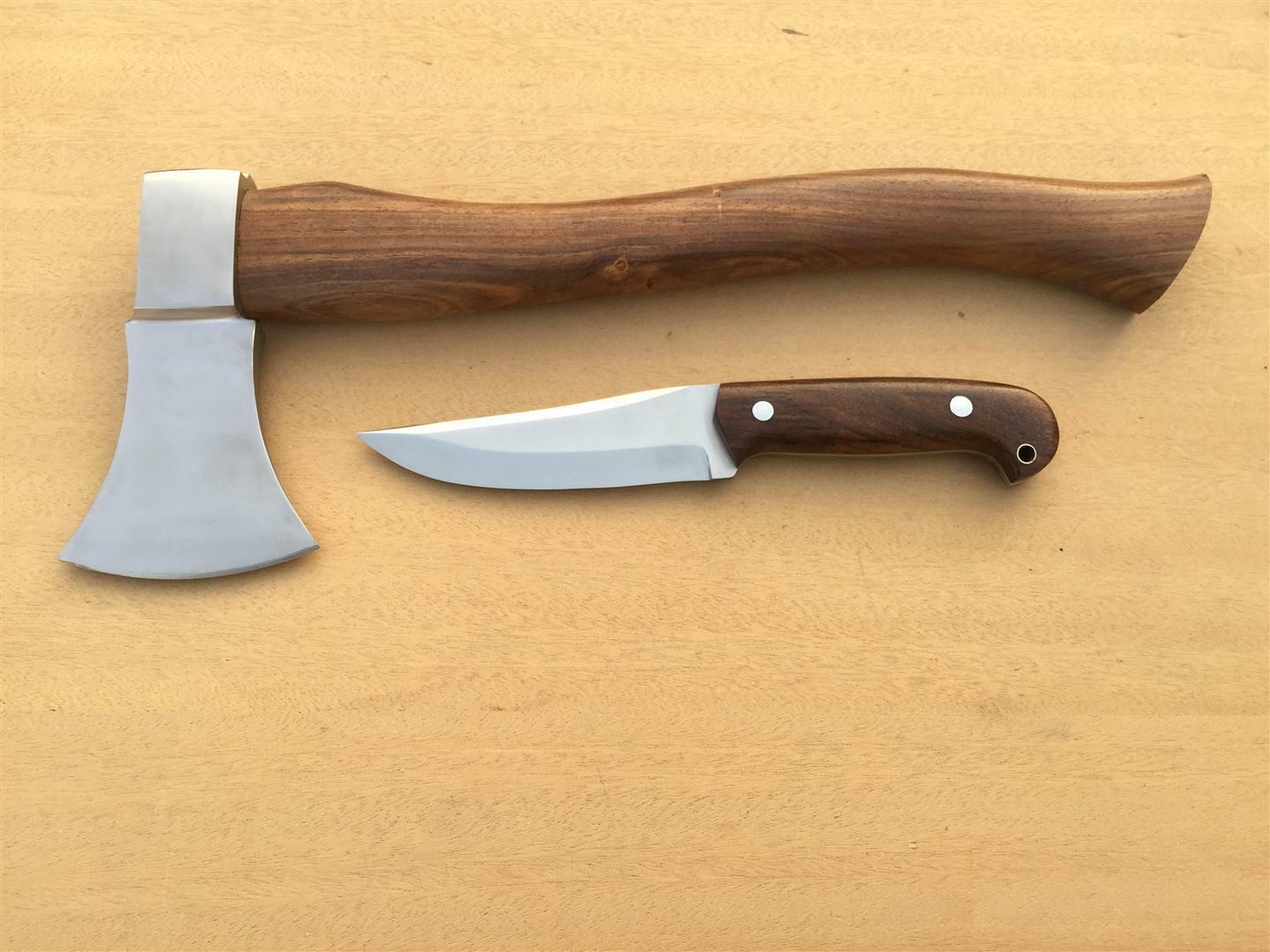 CUSTOM MADE TOMAHAWK AXE WITH BUSHCRAFT KNIFE/ ROSEWOO HANDLE - NB CUTLERY LTD
