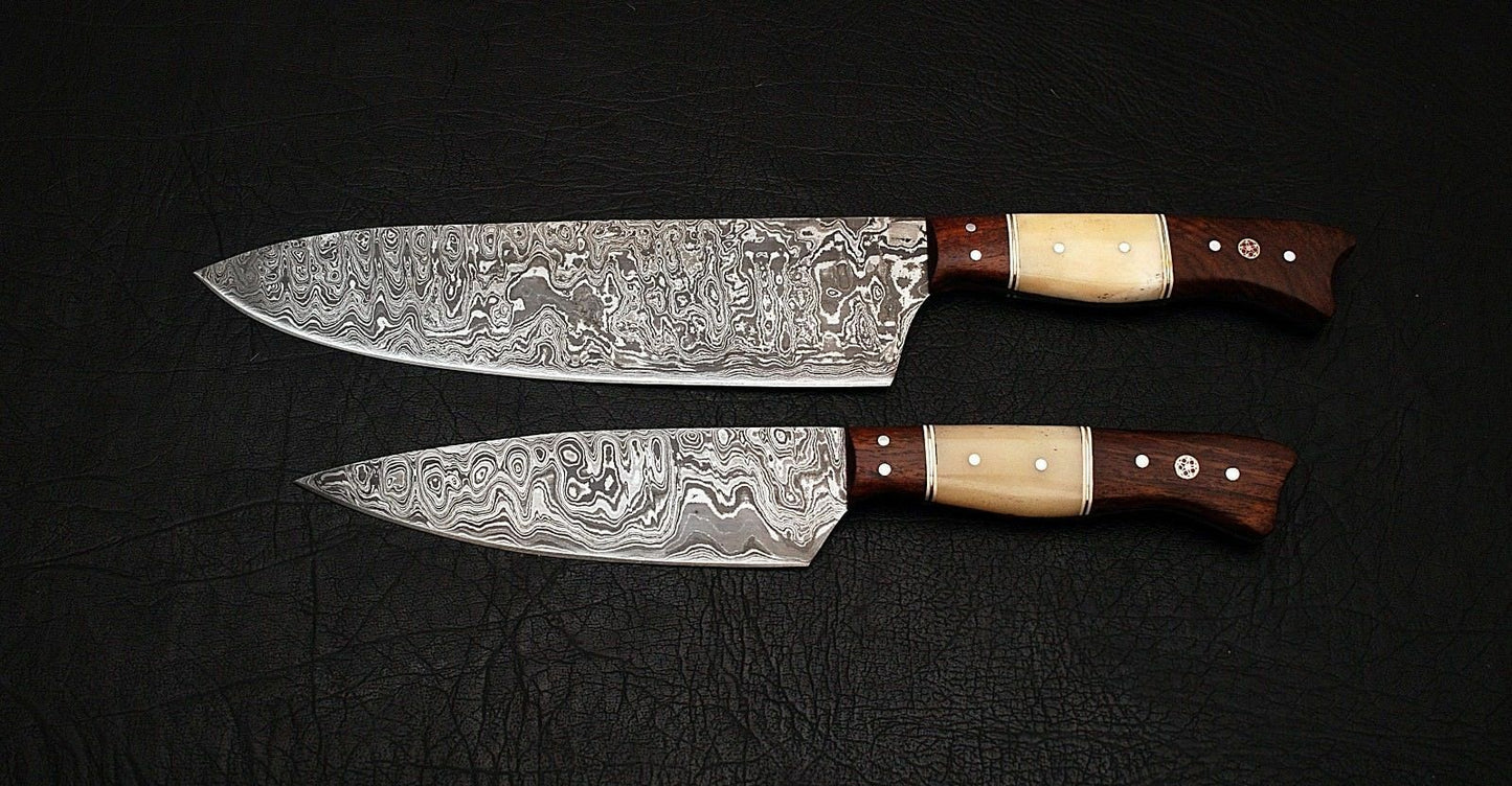 CUSTOM HANDMADE DAMASCUS CHEF KNIFE 2 PCS SET