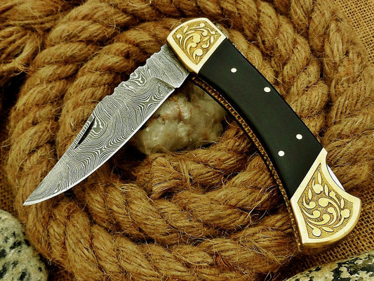 CUSTOM HANDMADE DAMASCUS FOLDING KNIFE WITH LEATHER SHEATH