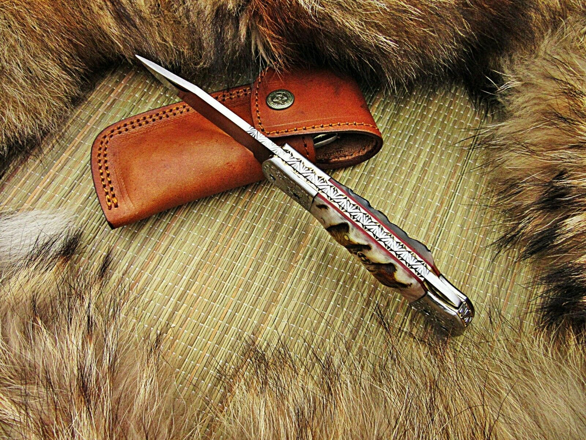 CUSTOM HANDMDAE D2 STEEL FOLDING KNIFE WITH LEATHER SHEATH