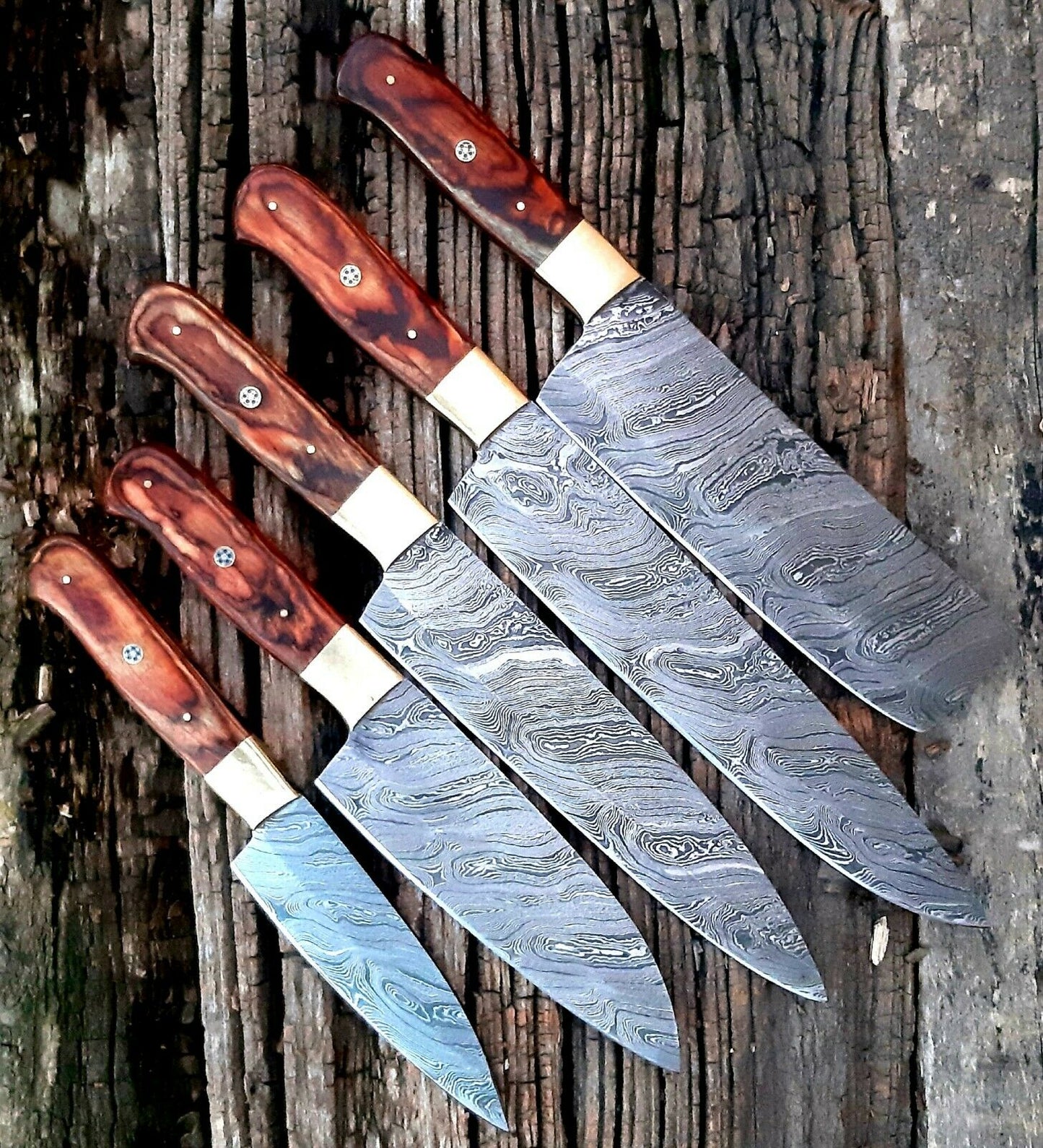 |NB KNIVES| CUSTOM HANDMADE DAMASCUS 5 PCS CHEF SET WITH LEATHER ROLL KIT