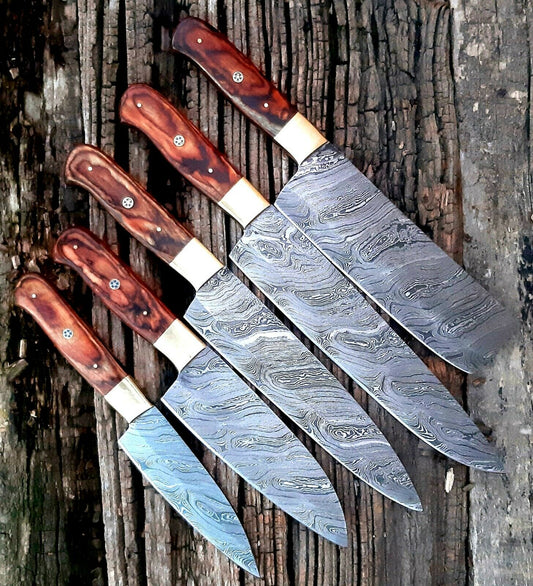|NB KNIVES| CUSTOM HANDMADE DAMASCUS 5 PCS CHEF SET WITH LEATHER ROLL KIT