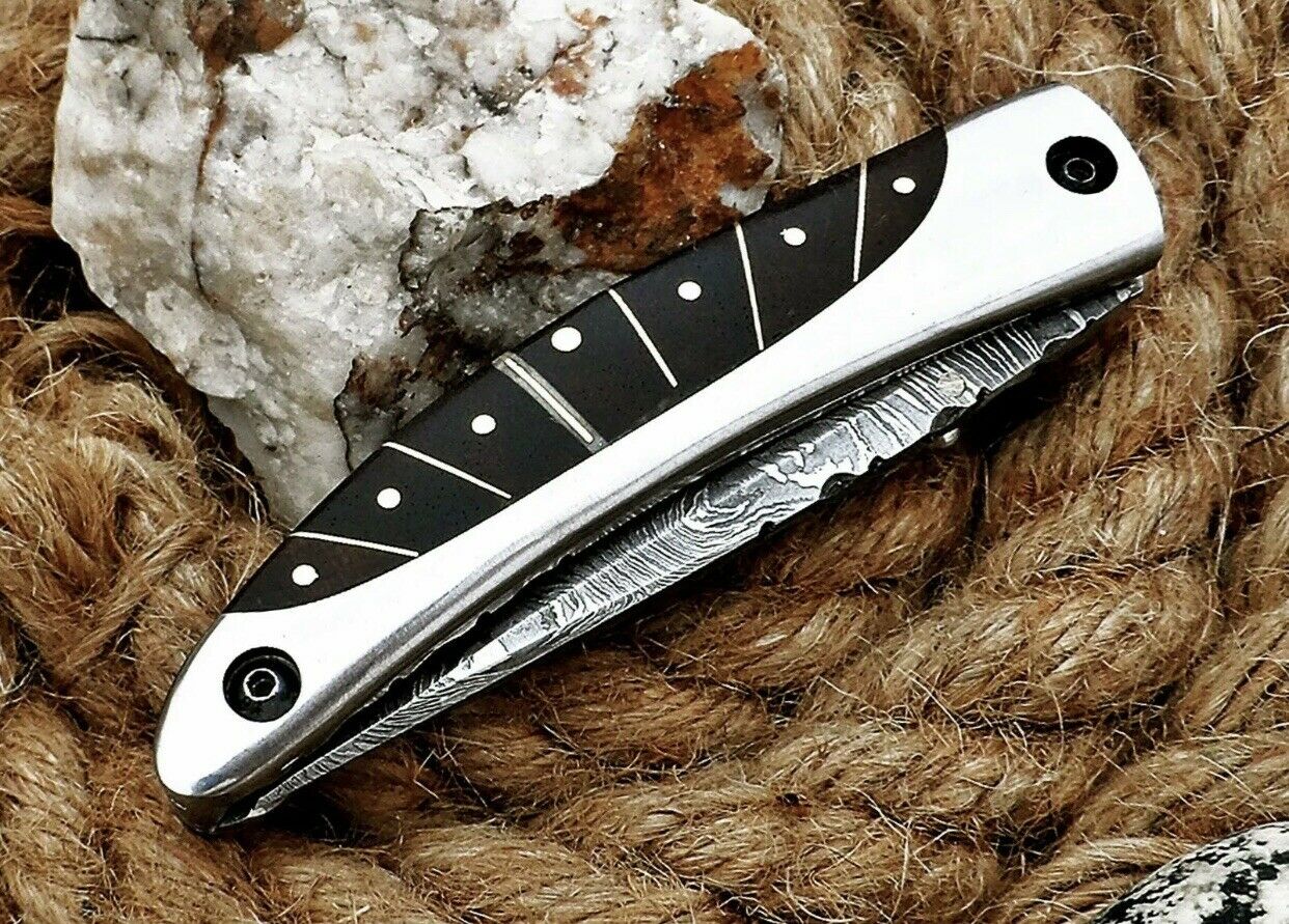 CUSTOM HANDMADE DAMASCUS STEEL FOLDING KNIFE WITH LEATHER SHEATH