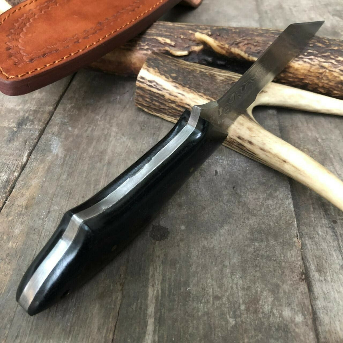 Custom Handmade Damascus Hunting Knife with Black Micarta Handle & Leather Sheath
