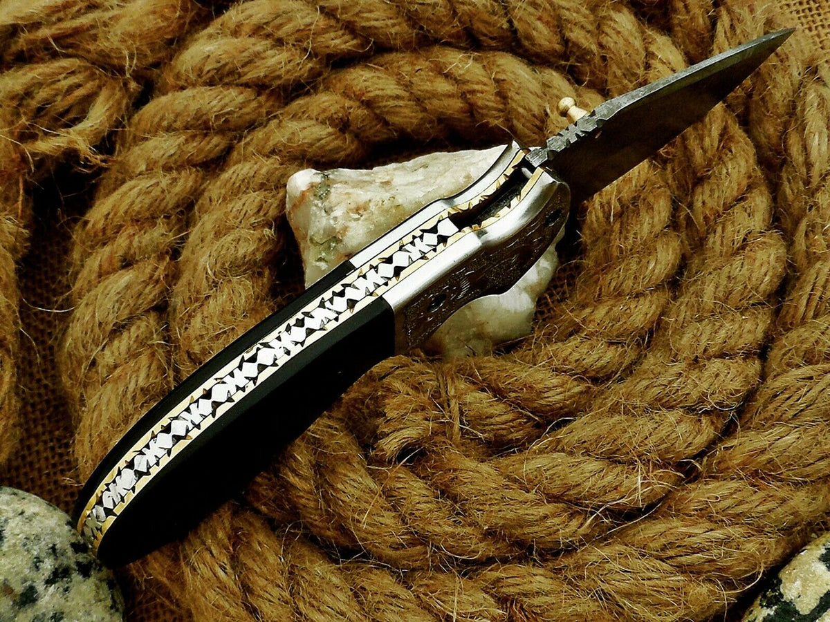 CUSTOM HANDMADE DAMASCUS FOLDING KNIFE WITH LEATHER SHEATH