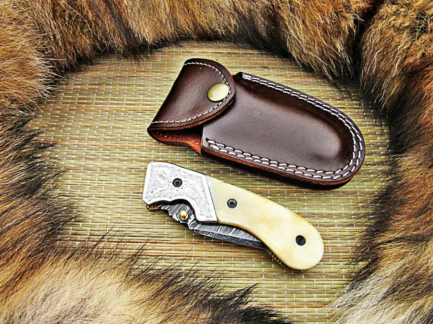 CUSTOM HANDMADE DAMASCUS FOLDING KNIFE WITH LEATHER SHEATH