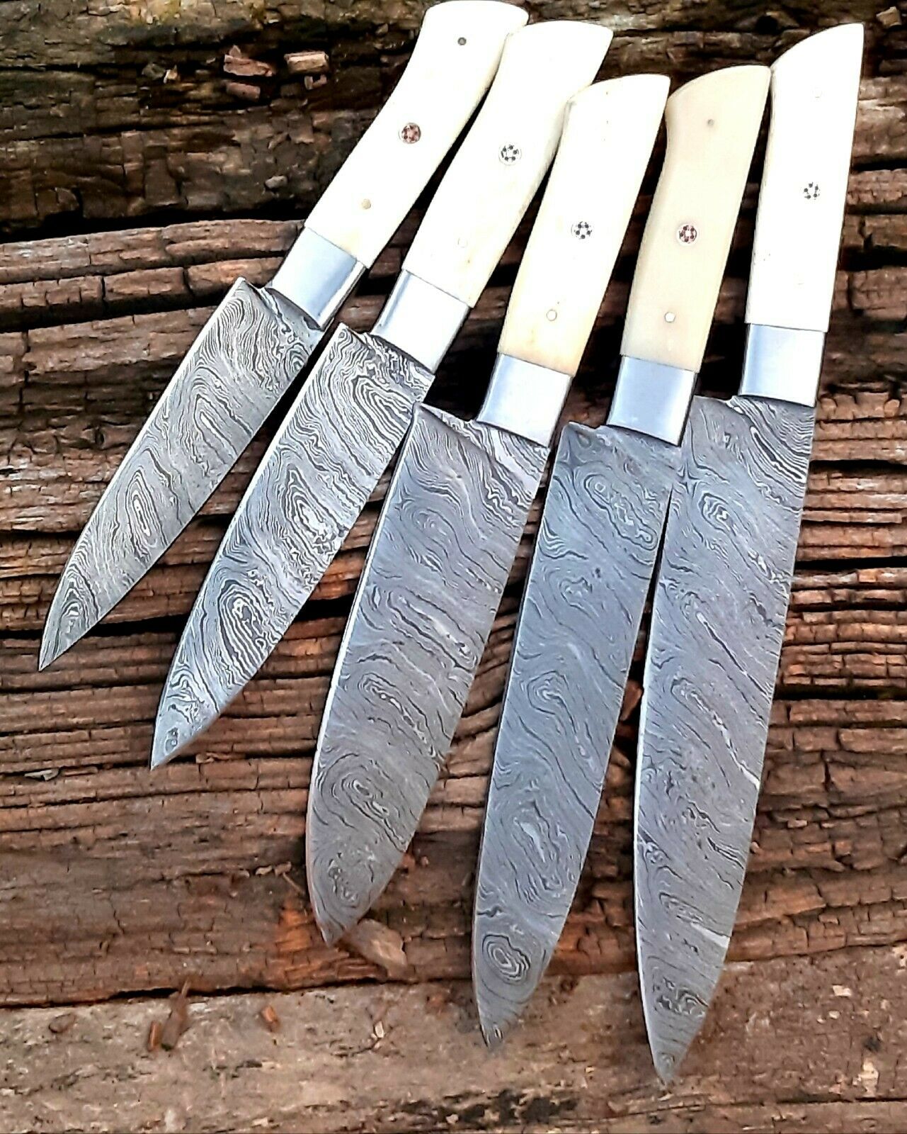 CUSTOM HANDMADE DAMASCUS 5 PCS CHEF SET WITH LEATHER ROLL KIT