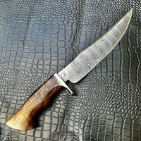 CUSTOM HANDMADE DAMASCUS HUNTING KNIFE WITH LEATHER SHEATH