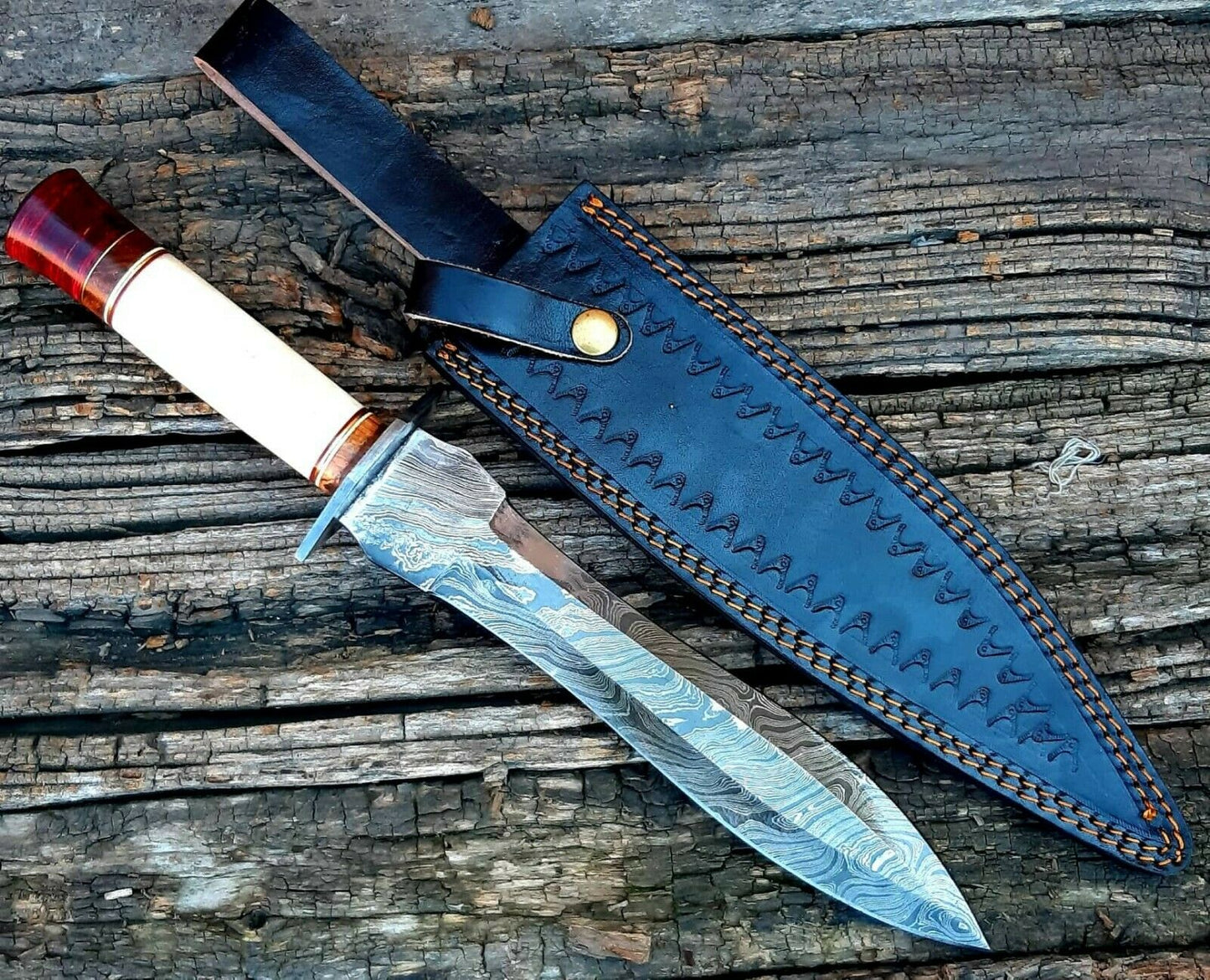 |NB KNIVES| CUSTOM HANDMADE DAMASCUS HUNTING KNIFE WITH LEATHER SHEATH