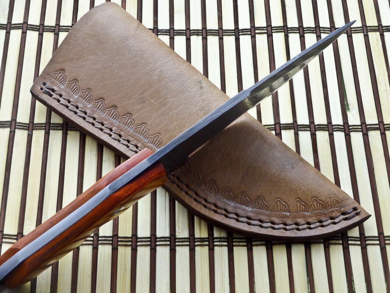 CUSTOM HANDMADE DAMASCUS TRACKER KNIFE WITH LEATHER SHEATH