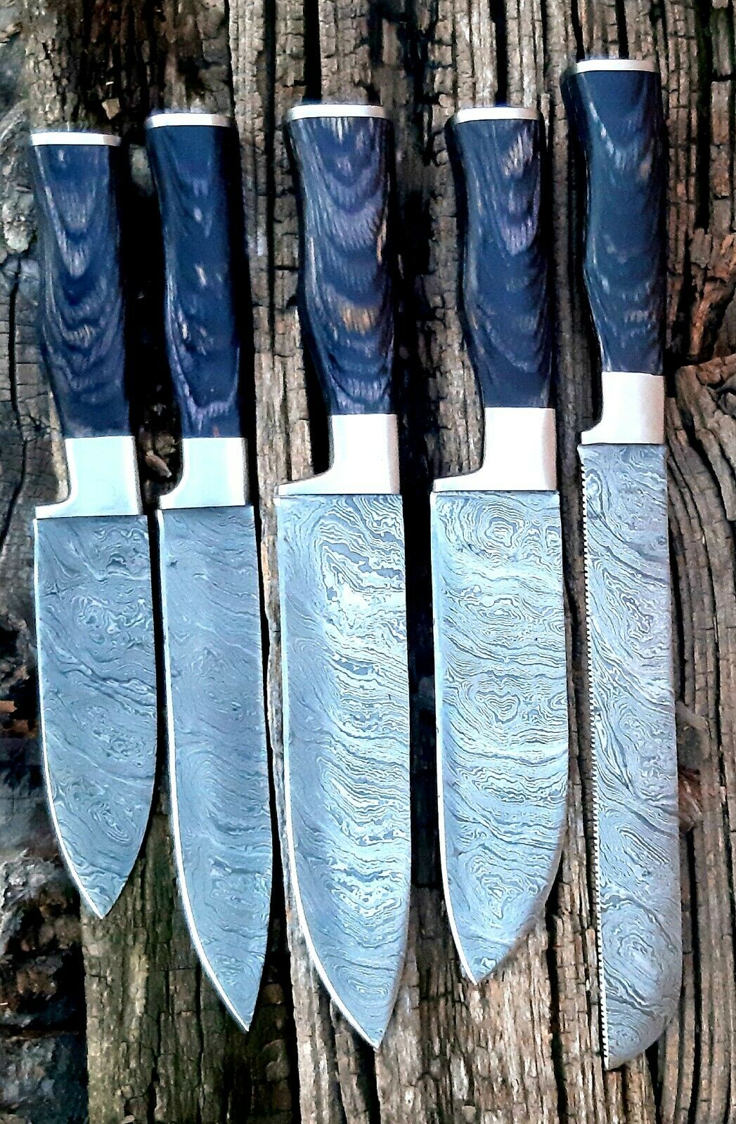 CUSTOM HANDMADE DAMASCUS 5 PCS CHEF SET WITH LEATHER ROLL KIT
