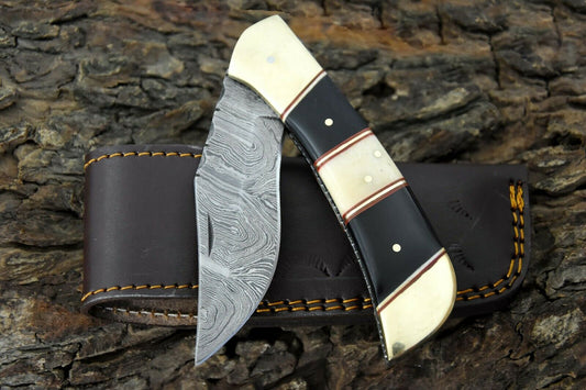 CUSTOM HANDMADE DAMASCUS FOLDING KNIFE WITH LEATHER SHEATH