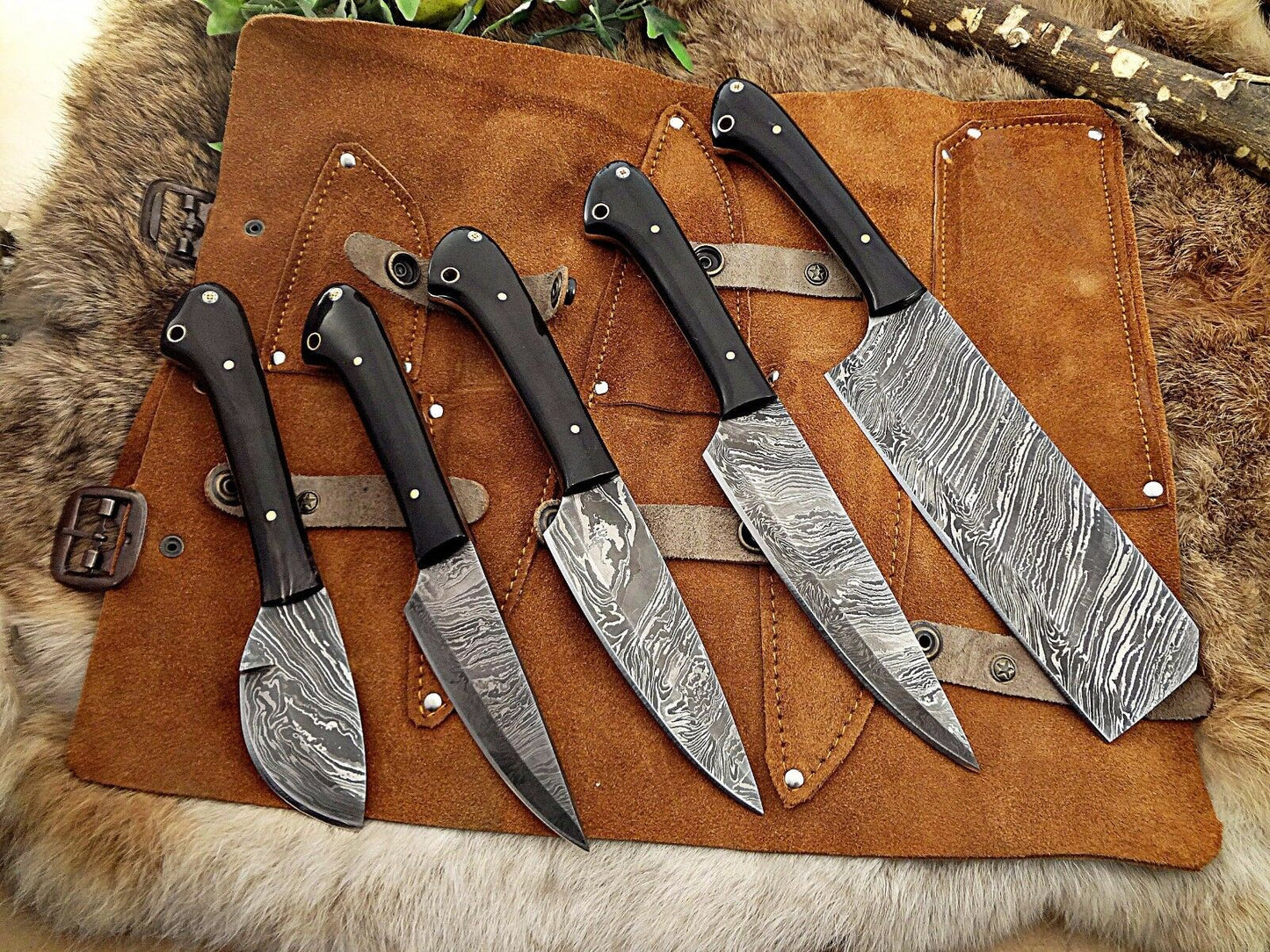 5 piece Kitchen knife set, full tang hand forged Damascus steel, Leather sheath - NB CUTLERY LTD