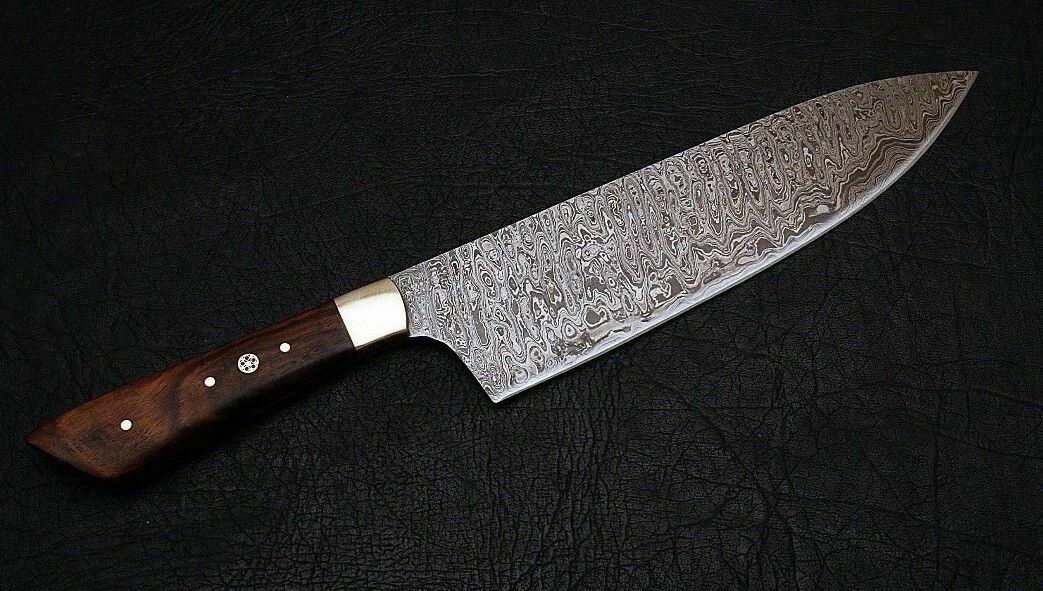 Handmade Damascus Steel Chef Knife | Rosewood Handle | 12" | Leather Sheath