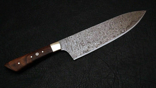 Handmade Damascus Steel Chef Knife | Rosewood Handle | 12" | Leather Sheath