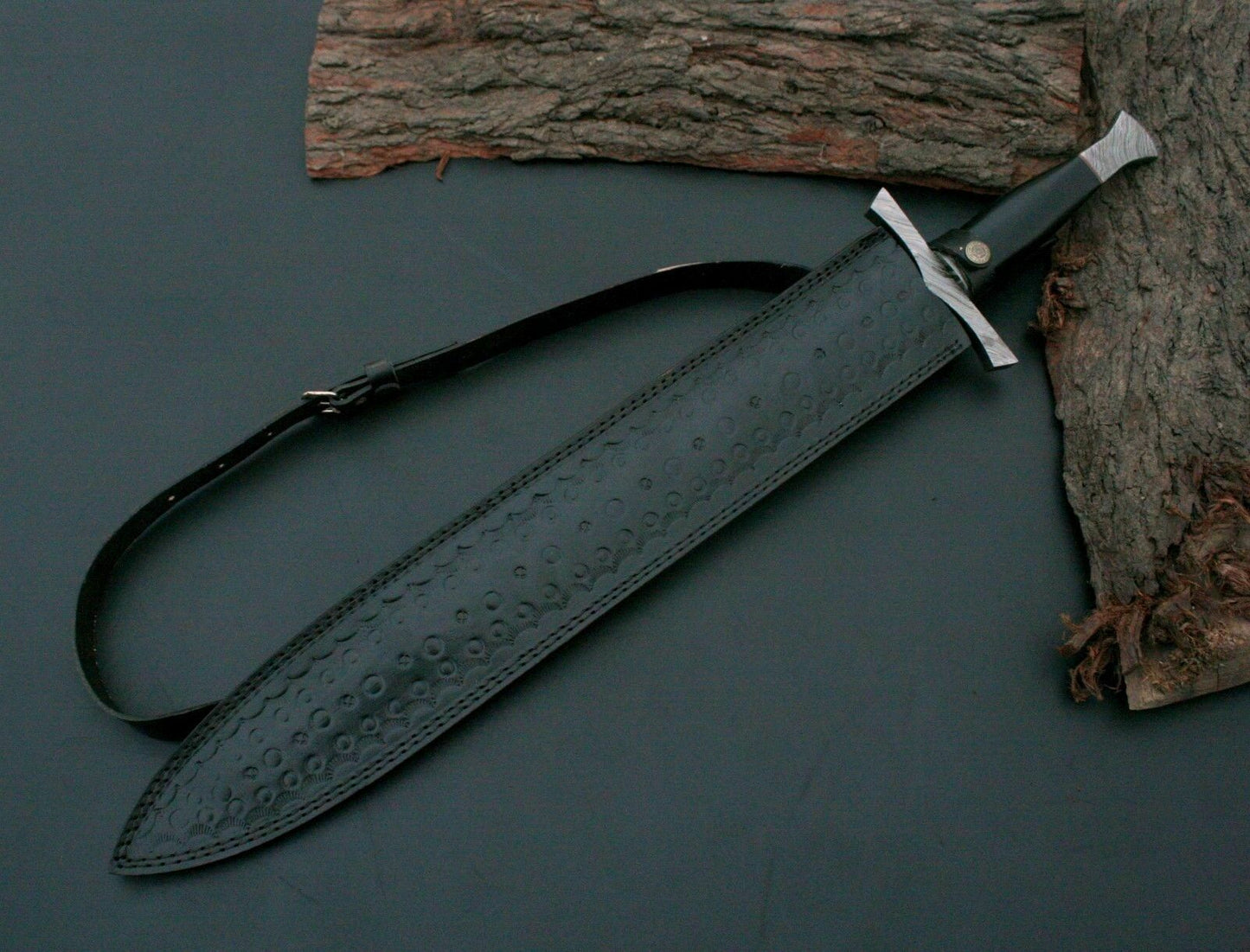 CUSTOM HANDMADE DAMASCUS STEEL SWORD WITH LEATHER SHEATH