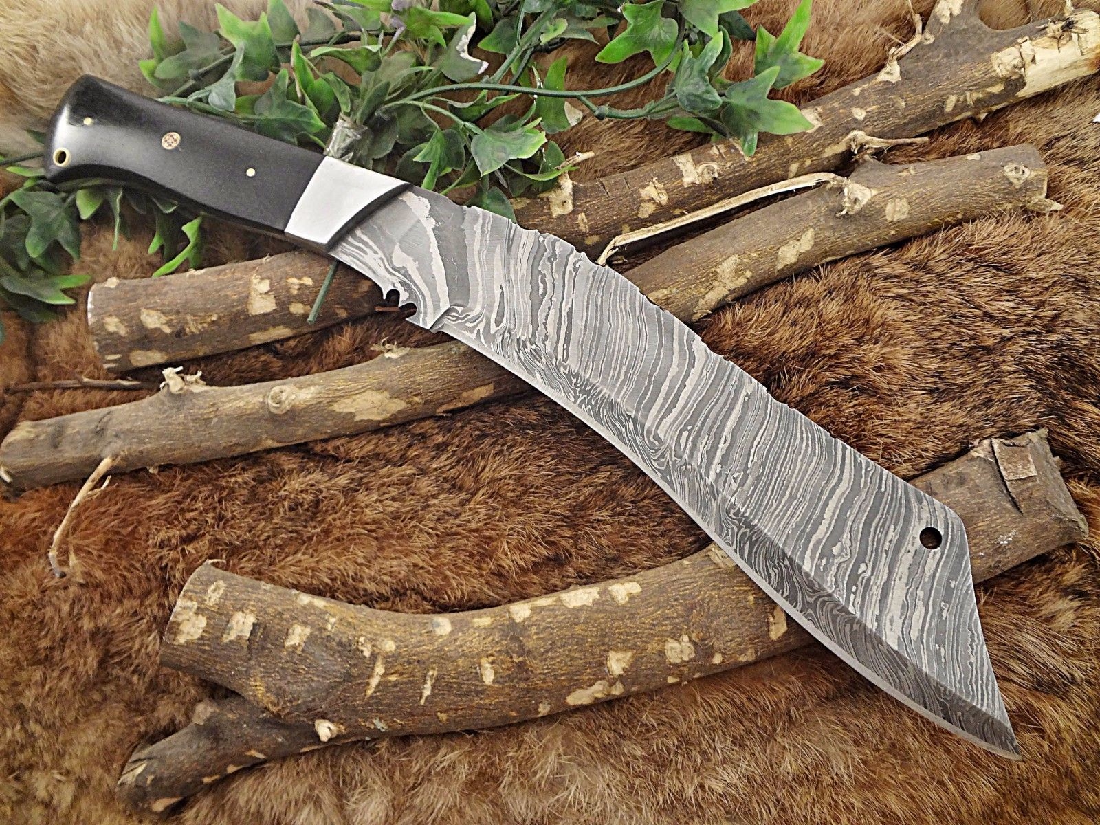 15" long Damascus steel Eagle Kukri Knife, 10" full tang blade, Leather sheath - NB CUTLERY LTD