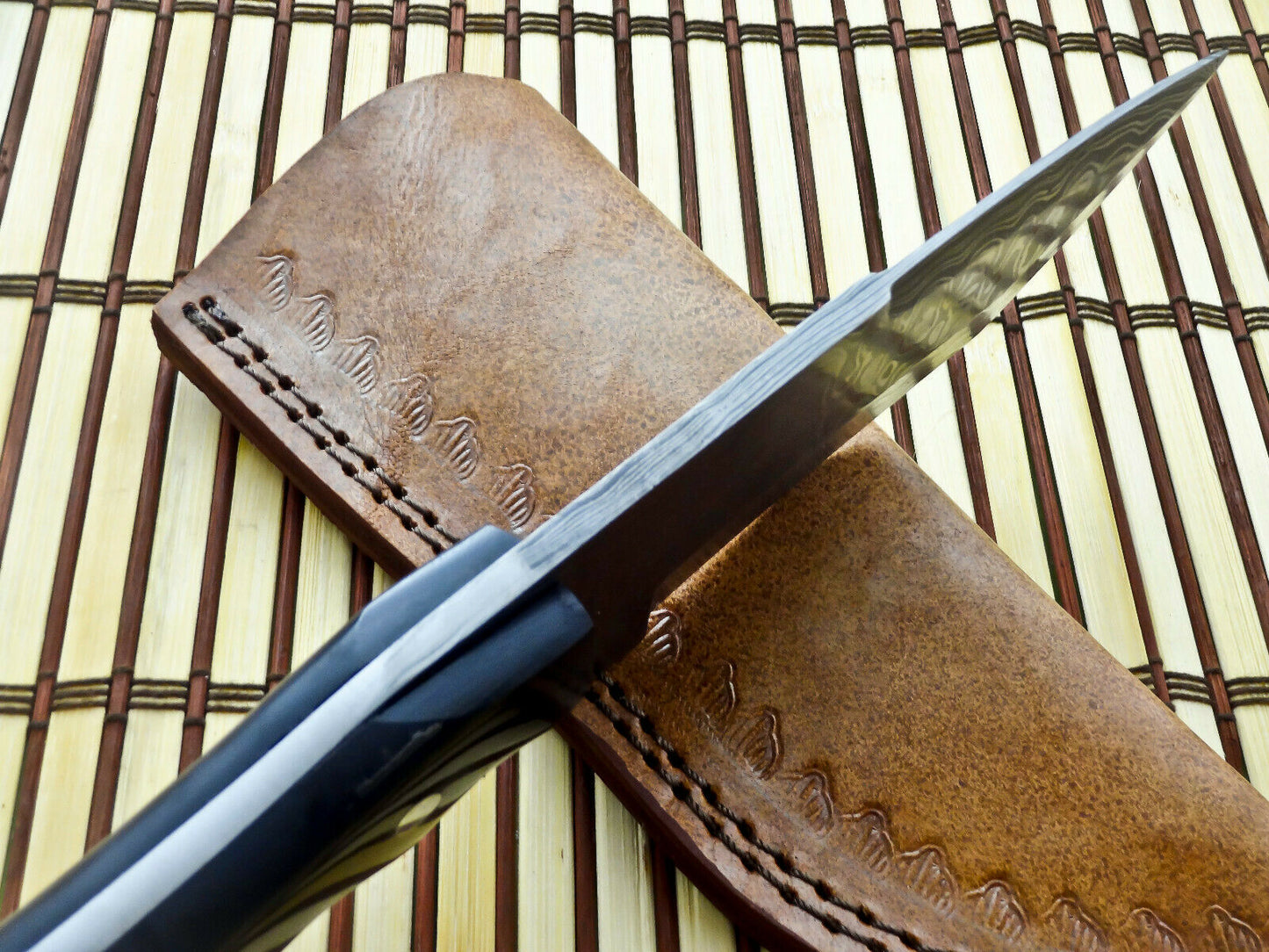 CUSTOM HANDMADE DAMASCUS TRACKER KNIFE WITH LEATHER SHEATH
