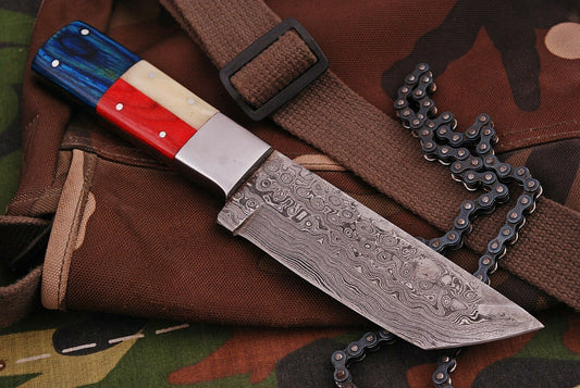 Handmade Damascus Skinner Knife with Texas-Style Handle & Leather Sheath