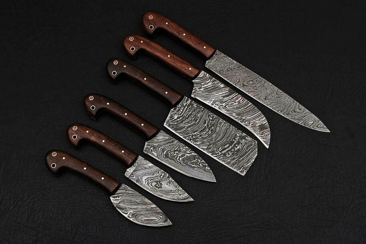 CUSTOM HANDMADE DAMASCUS STEEL CHEF SET WITH ROSE WOOD