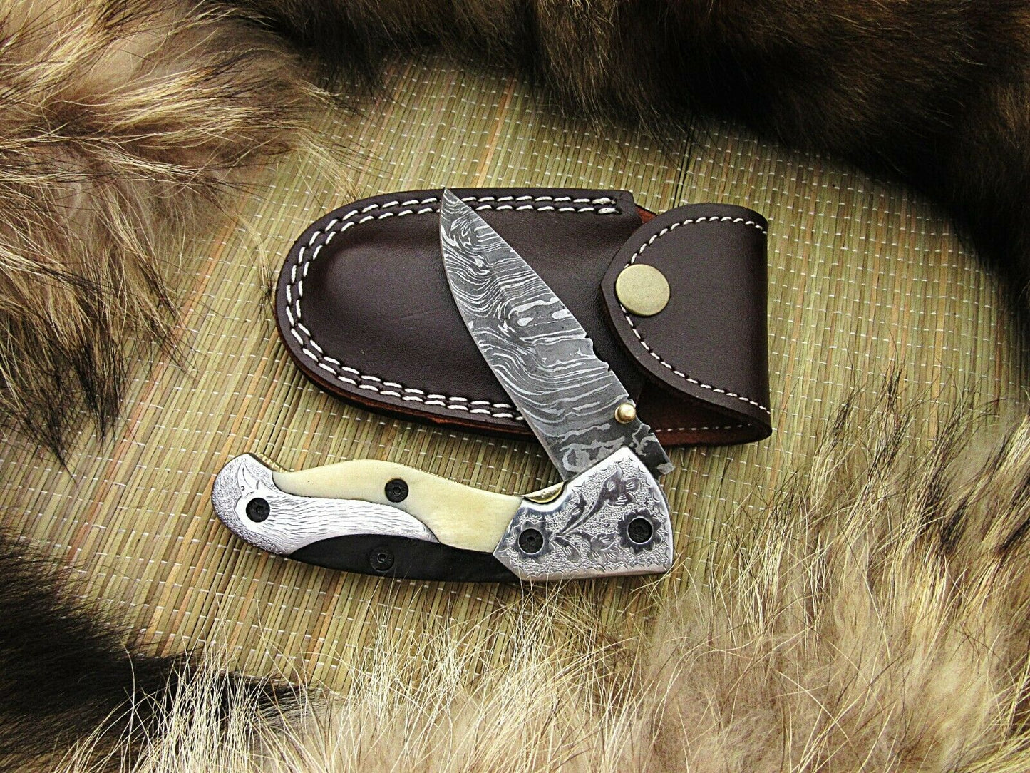 CUSTOM HANDMADE DAMASCUS POCKET KNIFE WITH LEATHER SHEATH