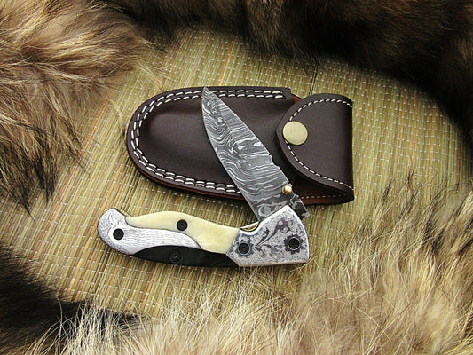 CUSTOM HANDMADE DAMASCUS POCKET KNIFE WITH LEATHER SHEATH