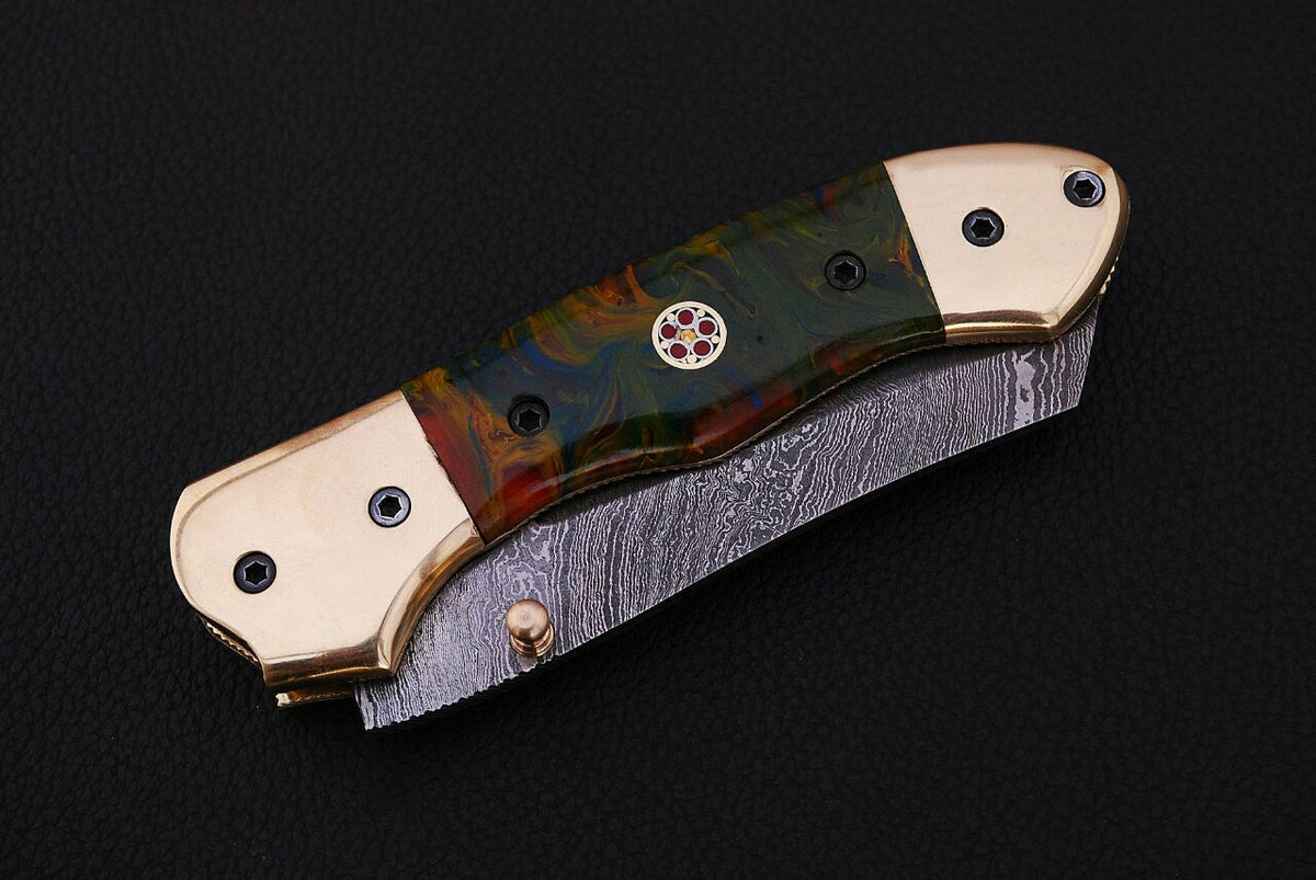CUSTOM HAND MADE DAMASCUS POCKET KNIFE WITH LEATHER SHEATH