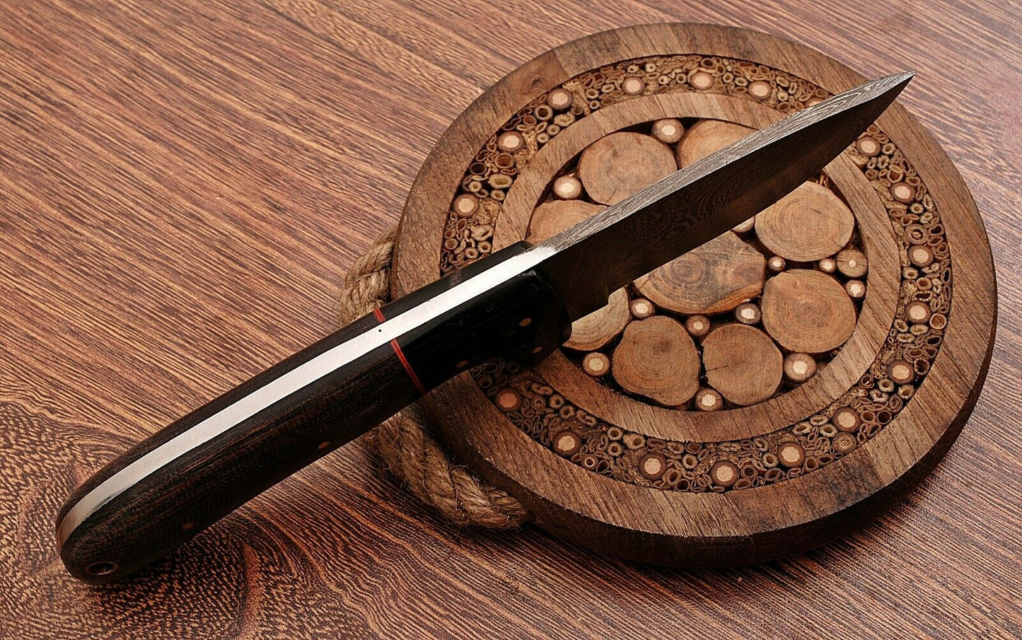 Handmade Damascus Steel Skinner Knife – Micarta Handle with Leather Sheath