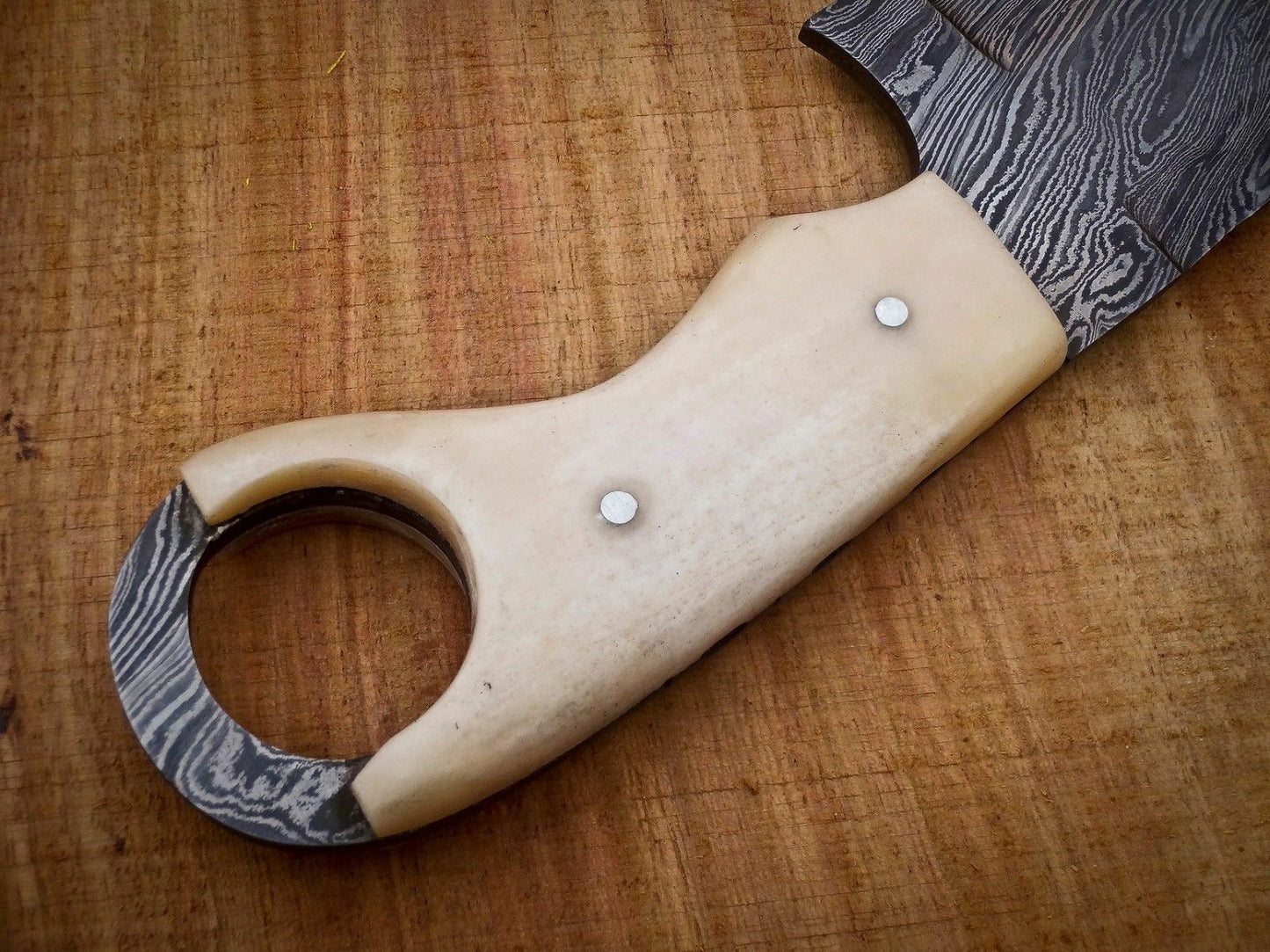 CUSTOM HANDMADE DAMASCUS STEEL CAMEL BONE MINI CLEAVER POCKET KNIFE WITH POUCH