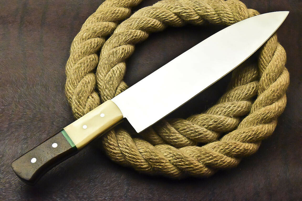 CUSTOM HANDMADE D2 STEEL CHEF KNIFE WITH LEATHER SHEATH