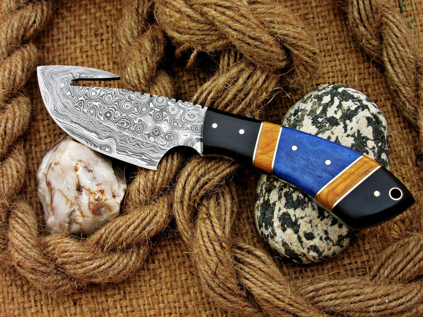 |NB KNIVES| CUSTOM HANDMADE DAMASCUS GUTHOOK HUNTING KNIFE Handle Material , horn ,olivewood,colored bone