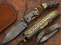 CUSTOM HANDMADE DAMASCUS FOLDING KNIFE WITH RAM HORN