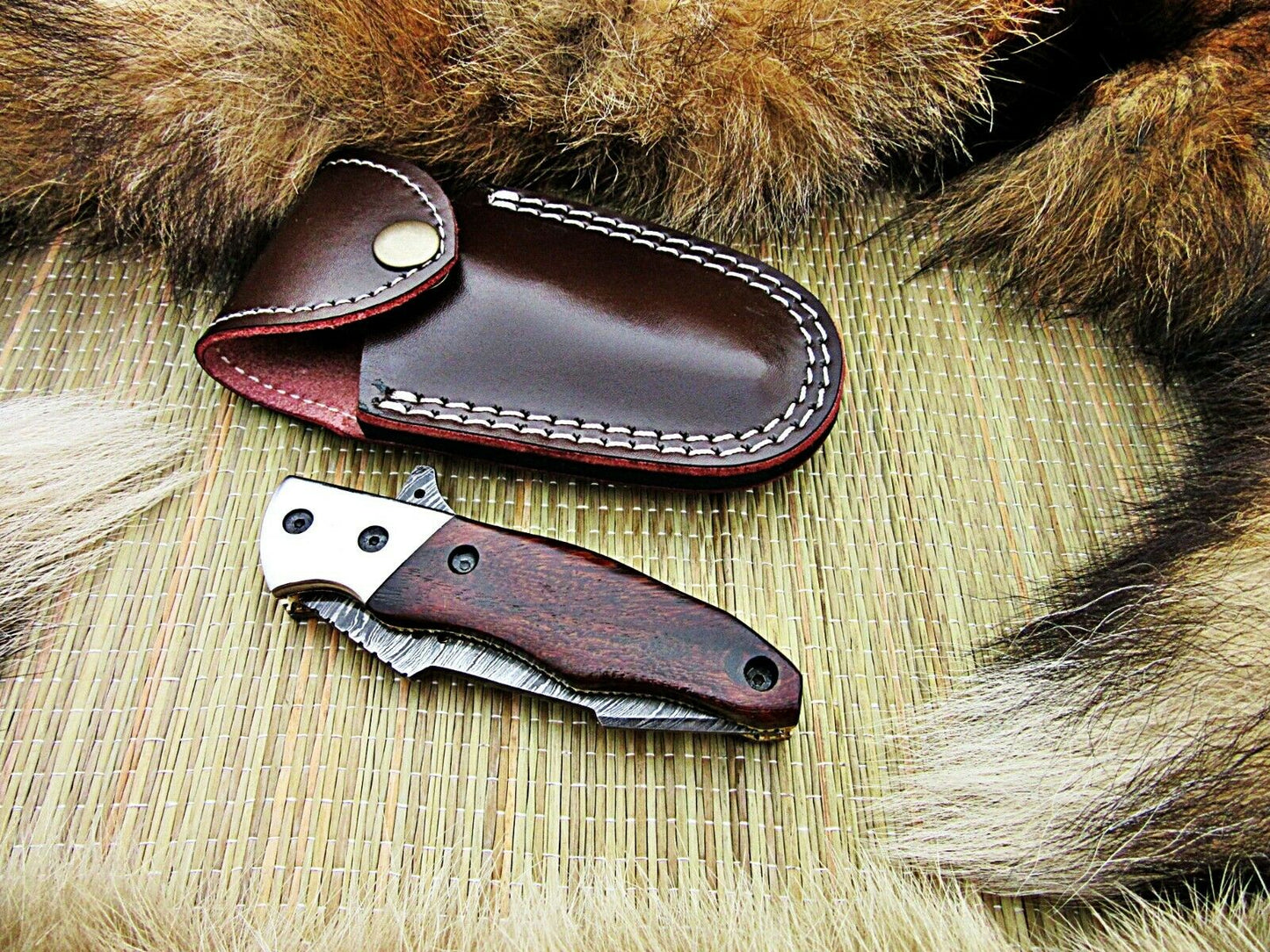 CUSTOM HANDMADE DAMASCUS FOLDING KNIFE WITH LEATHER SHEATH