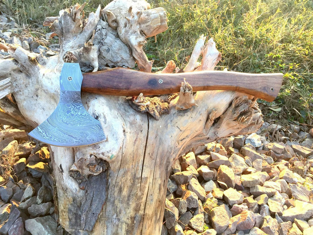 CUSTOM MADE 19"LONG DAMASCUS STEEL AXE TOMAHAWK HATCHET ROSEWOOD HANDLE